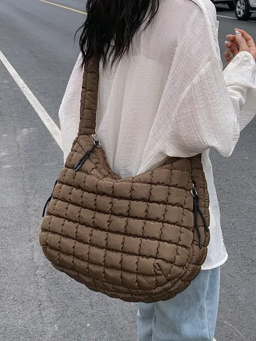 Women Large Quilted Puffer Cloud Bag Nylon Checked Hobo Shoulder Bag Soft Padded Underarm Tote Handbag