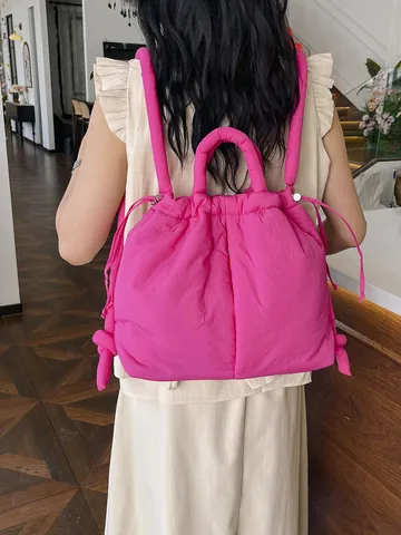 Women's Puffy Quilted Nylon Backpack Large Capacity Drawstring Cloud Bag Lightweight Fashion Puffer Shoulder Handbag Travel Daily Tote Bag