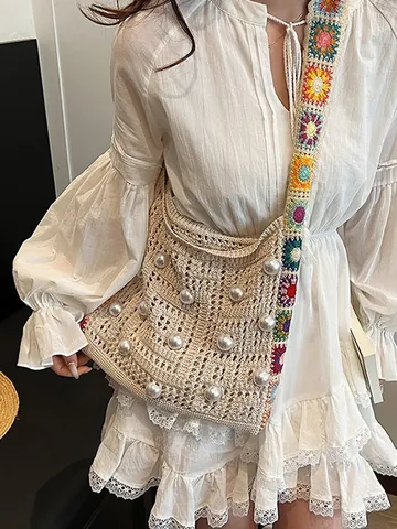 Boho Hand Gehäkelte Schultertasche Für Damen Vintage Strick Tote Mit Perlenverzierung Blumenriemen Urlaub Strandtasche