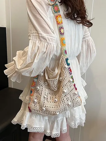 Boho Hand Gehäkelte Schultertasche Für Damen Vintage Strick Tote Mit Perlenverzierung Blumenriemen Urlaub Strandtasche