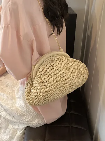 Damen Stroh Gewebte Wolken Tasche Sommer Strand Urlaub Kette Umhängetasche Handgewebte Falten Schultertasche Clutch