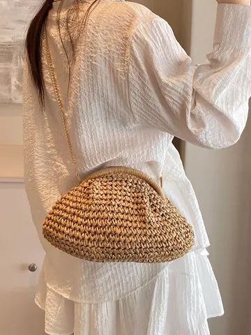 Damen Stroh Gewebte Wolken Tasche Sommer Strand Urlaub Kette Umhängetasche Handgewebte Falten Schultertasche Clutch