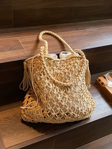 Women Bohemian Woven Tote Bag Cotton Linen Hollow Out Macrame Beach Shoulder Bag With Drawstring Inner Tassel Vacation Handbag