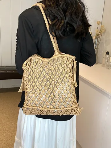 Women Bohemian Woven Tote Bag Cotton Linen Hollow Out Macrame Beach Shoulder Bag With Drawstring Inner Tassel Vacation Handbag