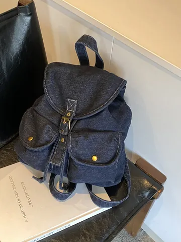 Women Retro Denim Backpack Casual Large Capacity Washed Denim School Bag With Drawstring Flap Contrast Stitching Travel