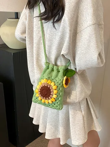 Handgefertigte Gehäkelte Sonnenblumen Umhängetasche Für Damen Gestrickte Baumwolle Kordelzug Eimertasche Hirtenstil Handgewebte Schultertasche Geschenk