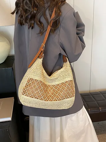 Borsa a Spalla in Paglia Intrecciata Stile Vacanza per Donna Moda Borsa a Tracolla Traforata Con Cinturino in Pelle PU Hobo