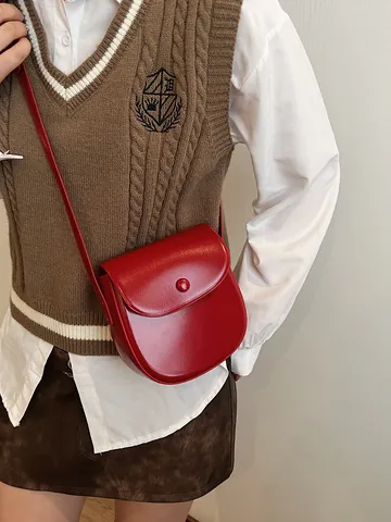 Borsa a Tracolla Mini a Sella in Pelle PU Vintage da Donna Casual Versatile Semplice Borsa a Spalla Con Fibbia Rotonda Argento Rosso Nero Marrone