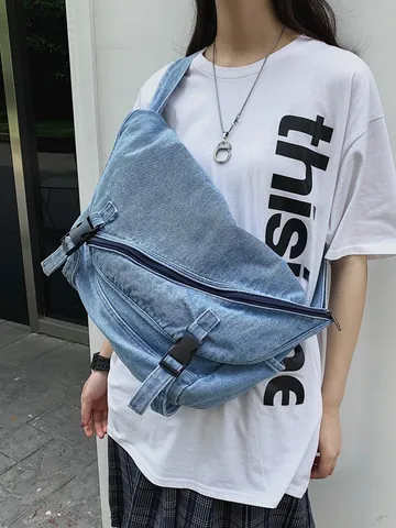 Borsa Messaggero in Denim a Grande Capacità Retro Denim Lavato Borsa a Tracolla Per Uomo Donna Con Fibbia Regolabile Borsa Quotidiana