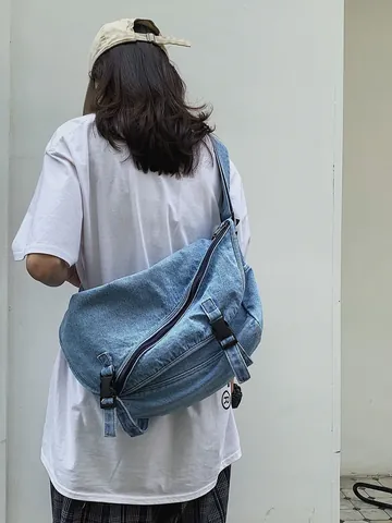 Borsa Messaggero in Denim a Grande Capacità Retro Denim Lavato Borsa a Tracolla Per Uomo Donna Con Fibbia Regolabile Borsa Quotidiana