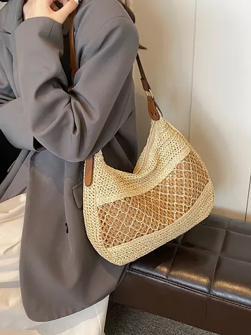 Borsa a Spalla in Paglia Intrecciata Stile Vacanza per Donna Moda Borsa a Tracolla Traforata Con Cinturino in Pelle PU Hobo