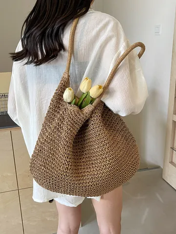 Große Kapazität Stroh Gewebte Tote Bag Für Damen Sommer Strand Urlaub Schultertasche Handgemachte Handtasche Täglich Casual Shopping Bag