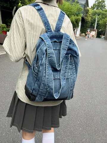 Vintage Denim Patchwork Backpack For Women College Students Large Capacity Schoolbag Street Style Travel Tote Bag