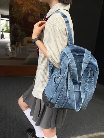 Vintage Denim Patchwork Backpack For Women College Students Large Capacity Schoolbag Street Style Travel Tote Bag