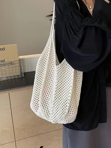 Damen Gewebte Hohl Tote Bag Große Kapazität Handgemachte Häkeln Netz Schultertasche Casual Baumwolle Handtasche Für Strand
