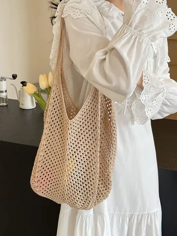 Damen Gewebte Hohl Tote Bag Große Kapazität Handgemachte Häkeln Netz Schultertasche Casual Baumwolle Handtasche Für Strand