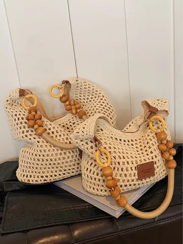 Damen Hollow Strick Tragetasche Mit Holzperlengriff Große Kapazität Gewebte Schultertasche Hobo Bag Für Sommer Strand Urlaub