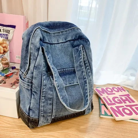 Women Washed Denim Backpack Tote Bag Large Capacity Splicing Denim Shoulder Bag For School Travel Daily Casual Backpack