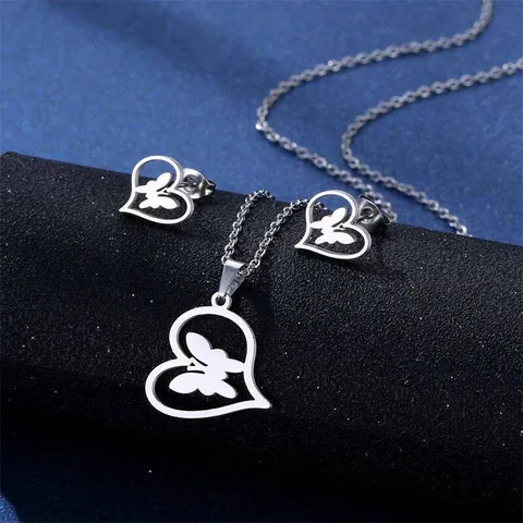 304 Stainless Steel Hollow Heart Butterfly Pendant Necklace And Stud Earrings For Women Minimalist Silver Tone Jewelry