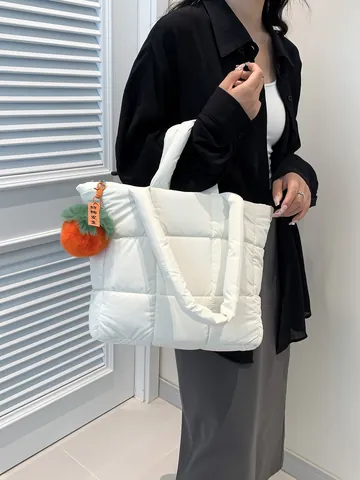 Women Large Capacity Quilted Puffer Tote Bag Lightweight Nylon Padded Shoulder Bag Casual Checkerboard Handbag With Persimmon Pendant