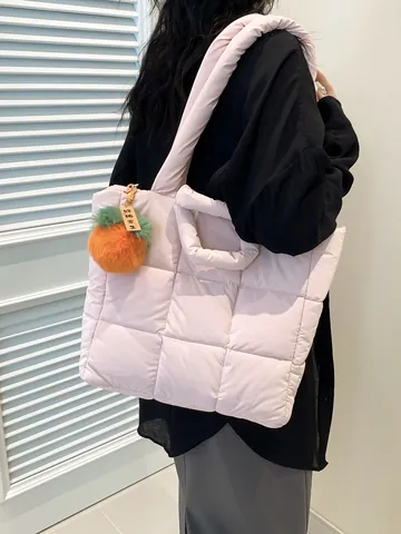 Women Large Capacity Quilted Puffer Tote Bag Lightweight Nylon Padded Shoulder Bag Casual Checkerboard Handbag With Persimmon Pendant