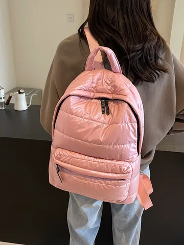 Women Puffer Backpack Quilted Nylon School Bag Large Capacity Shiny Padded Travel Rucksack For Students Ladies Fashion Daily