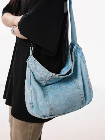 Large Capacity Denim Tote Bag For Women Casual Shoulder Bag Versatile Washed Denim Hobo Bag For School Shopping Commuting