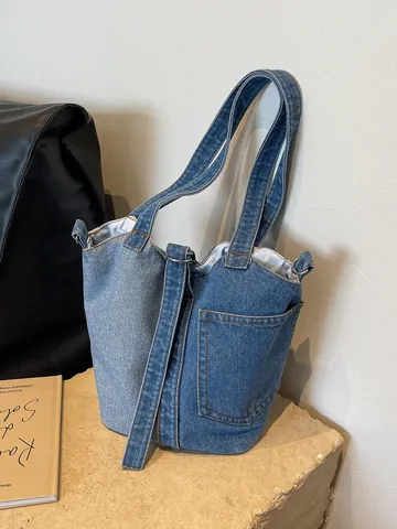 Borsa Tote in Denim Patchwork da Donna Borsa a Tracolla Vintage Colorblock Borsa a Secchiello Casual Crossbody Moda Quotidiana