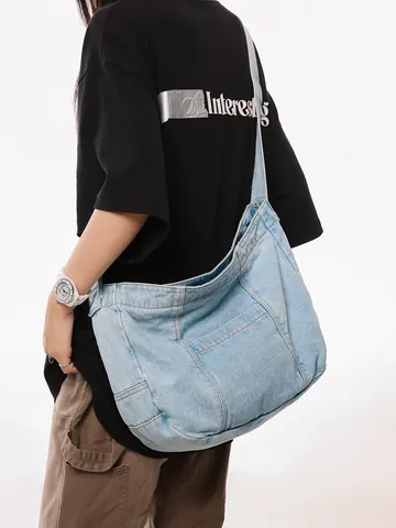 Large Capacity Denim Tote Bag For Women Casual Shoulder Bag Versatile Washed Denim Hobo Bag For School Shopping Commuting