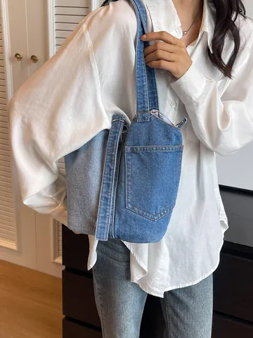 Borsa Tote in Denim Patchwork da Donna Borsa a Tracolla Vintage Colorblock Borsa a Secchiello Casual Crossbody Moda Quotidiana