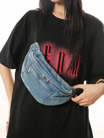 Washed Denim Waist Bag For Women Men Casual Crossbody Chest Bag Travel Sports Belt Bag With Adjustable Strap Solid Color Stylish Backpack