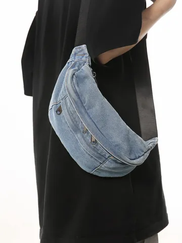 Washed Denim Waist Bag For Women Men Casual Crossbody Chest Bag Travel Sports Belt Bag With Adjustable Strap Solid Color Stylish Backpack