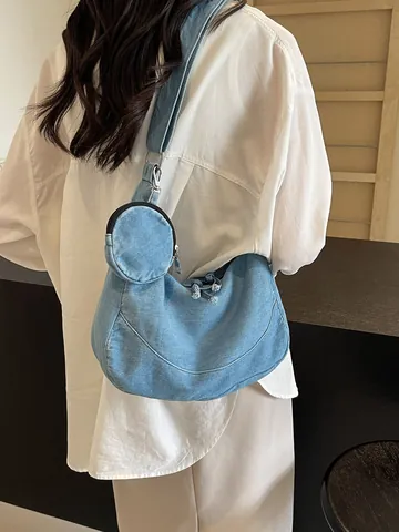 Women Korean Casual Denim Hobo Bag Minimalist Large Capacity Shoulder Crossbody Bag With Detachable Round Coin Purse Blue