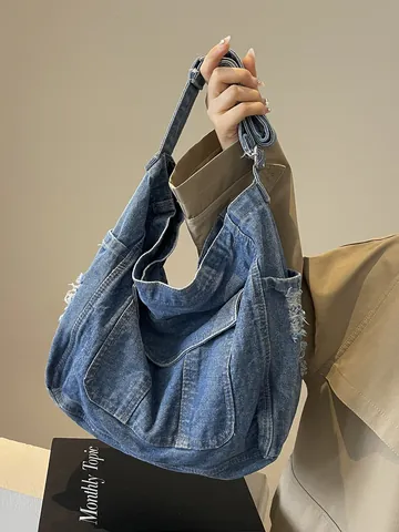 Sac Fourre-Tout en Denim Délavé Vintage pour Femmes Grande Capacité Sac à Bandoulière Déchiré Multi Poches Sac Décontracté
