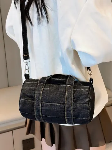 Women Kids Denim Barrel Bag Casual Small Boston Shoulder Crossbody Handbag With Adjustable Strap And Stitching Detail