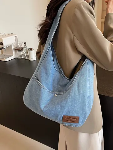 Vintage Women Denim Tote Bag Large Capacity Washed Shoulder Bag Commuter Hobo Handbag Retro Denim Fabric School Bag Shopper