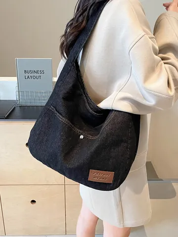 Vintage Women Denim Tote Bag Large Capacity Washed Shoulder Bag Commuter Hobo Handbag Retro Denim Fabric School Bag Shopper