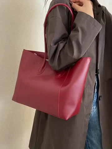 Women Retro Large Capacity PU Leather Tote Bag Autumn New Casual Shoulder Bag For University Work Commute Minimalist Handbag