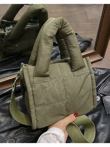 Women Lightweight Quilted Puffer Bag Nylon Padded Crossbody Shoulder Bag With Adjustable Wide Strap Fashion Handbag Casual Tote