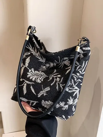 Retro Chinese Style Embroidered Jacquard Shoulder Bag Leaf Dragonfly Pattern Canvas Tote Handbag With PU Leather Strap