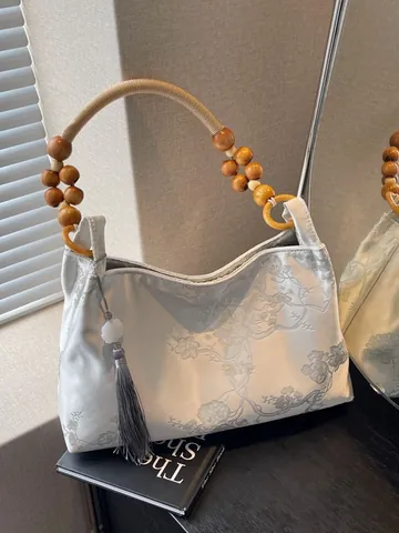 Borsa a Mano in Satin con Ricamo Floreale Nuovo Stile Cinese Manico in Perline di Legno Nappina Borsa a Spalla Etnica Retro
