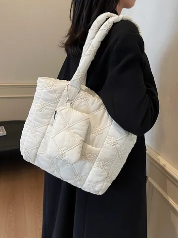 Women Quilted Puffer Tote Bag Flower Embroidery Large Capacity Shoulder Bag With Mini Pouch Casual Lightweight Polyester Handbag For Commuting