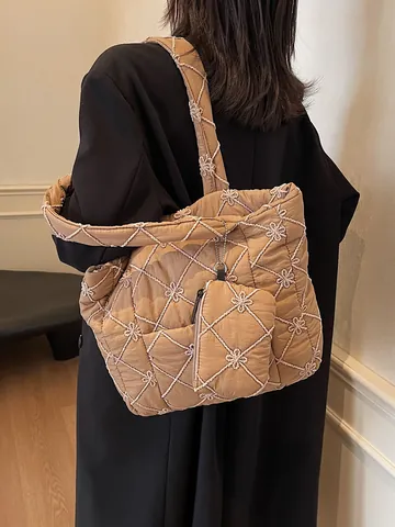 Women Quilted Puffer Tote Bag Flower Embroidery Large Capacity Shoulder Bag With Mini Pouch Casual Lightweight Polyester Handbag For Commuting
