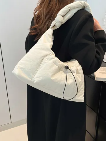 Women Large Capacity Quilted Puffy Shoulder Bag Drawstring Pocket Knot Strap Casual Lightweight Crossbody Hobo Bag