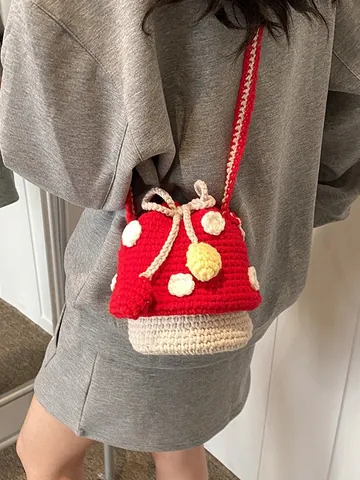 Borsa a Secchiello a Forma di Fungo all'Uncinetto Fatta a Mano in Filato a Tracolla per Donna Bambini Versatile Stile Mini Borsa