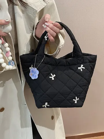 Koreanischer Stil Schleife Gesteppte Handtasche Für Damen Mode Rautenstickerei Tote Bag Einfache Nylon Daily Bucket Bag