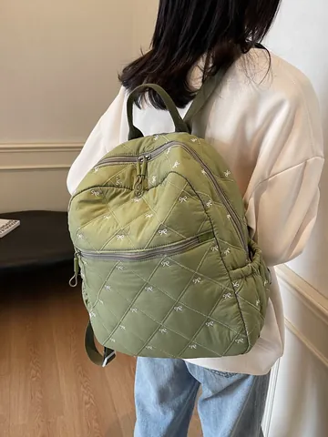 Women Quilted Bow Tie Backpack Korean Style Nylon Large Capacity School Bag Lightweight Casual Travel Backpack For Students