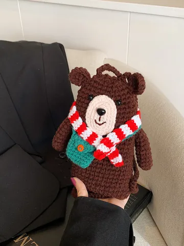 Handmade Crochet Bear Crossbody Bag For Kids Women Cartoon Knitted Small Shoulder Bag Animal Style Mobile Phone Bag Gift