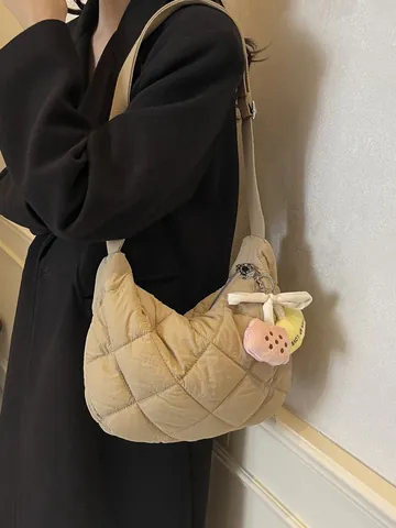 Fashion Women's Quilted Padded Shoulder Bag Casual Rhombus Nylon Crossbody Bag With Plush Pendant Urban Stylish Commuting Hobo Bag