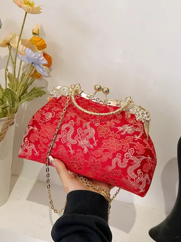 Vintage Chinese Style Dragon Embroidery Evening Bag Satin Jacquard Metal Handle Rhinestone Clutch For Wedding Party Women